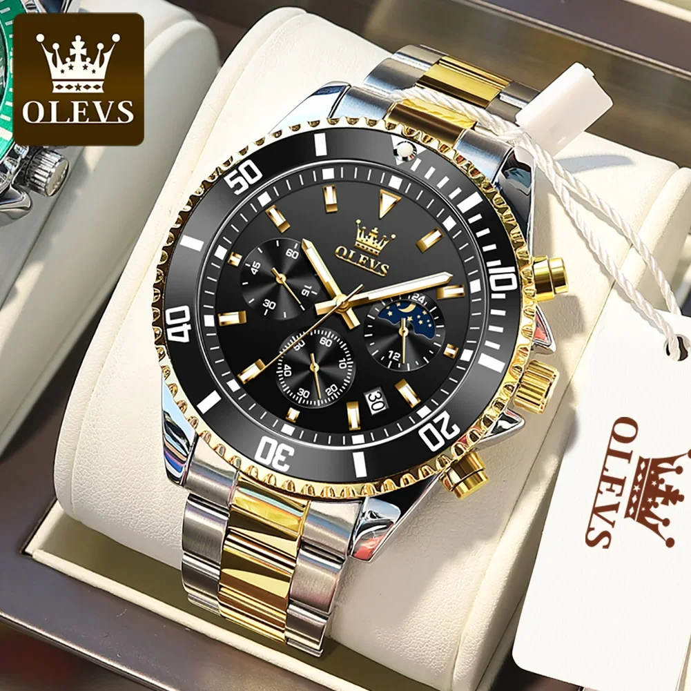 

OLEVS 2870 Multifunctional Three-eye Stainless Steel Strap Men Wristwatches Fashion Waterproof Quartz Watches for Men Luminous