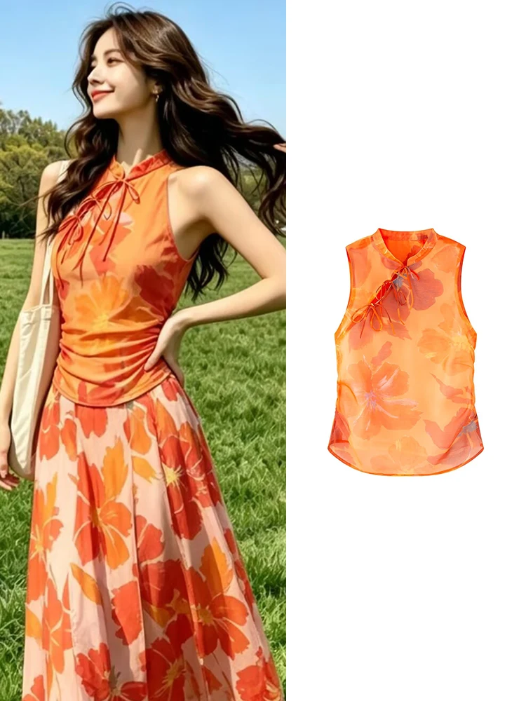 TFMLN New Style Women's Shirt Print Sleeveless Slim Fit Retro Fashion Chinese Style Zipper Top Elegant Fashion Summer Clothes