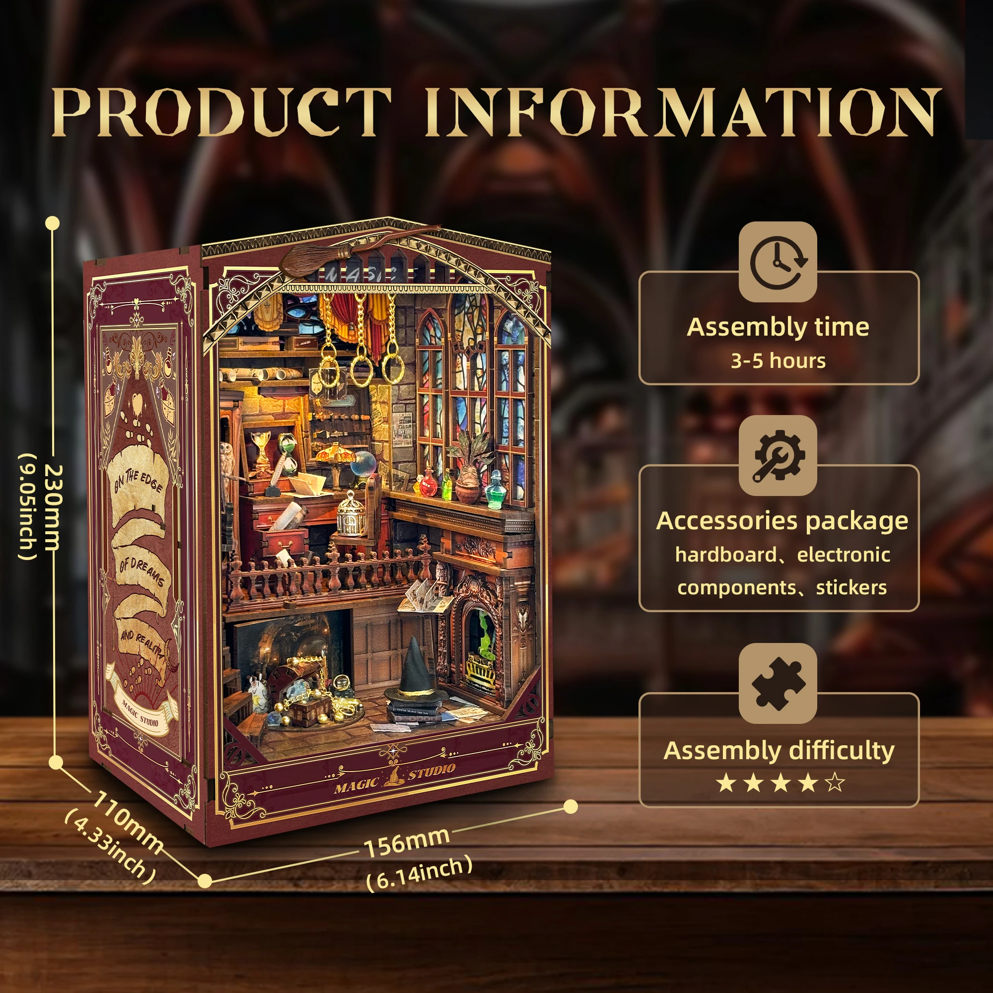 Kit de inserción de estante de rincón de libros de madera, Kits de modelos en miniatura de estudio mágico, estantería con sujetalibros ligero para amigos, regalos de cumpleaños