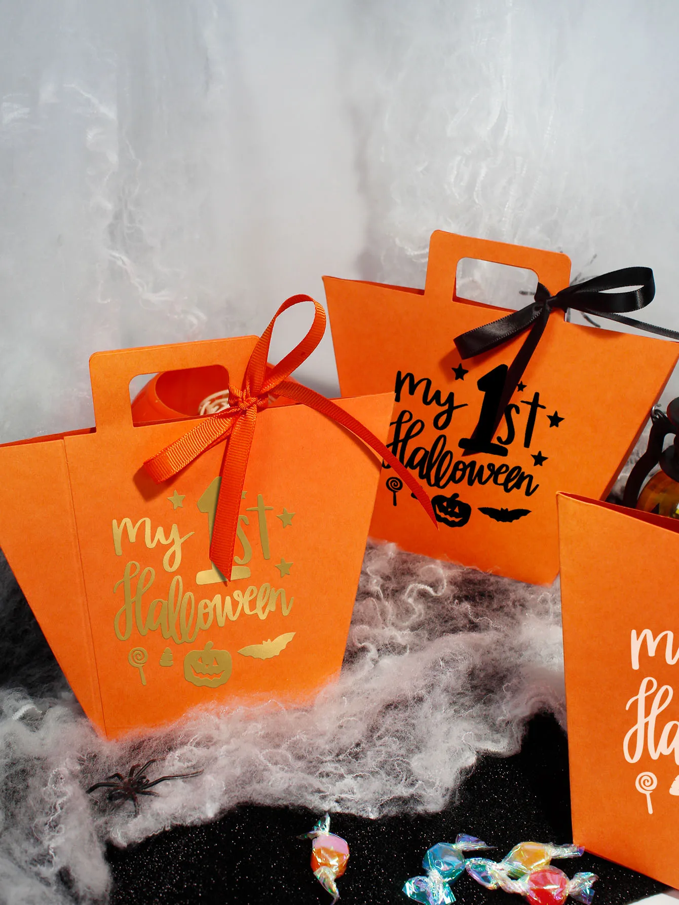 Halloween Treat Boxes “The first Halloween”There are three colors of ribbons available Halloween Candy Box Handbag