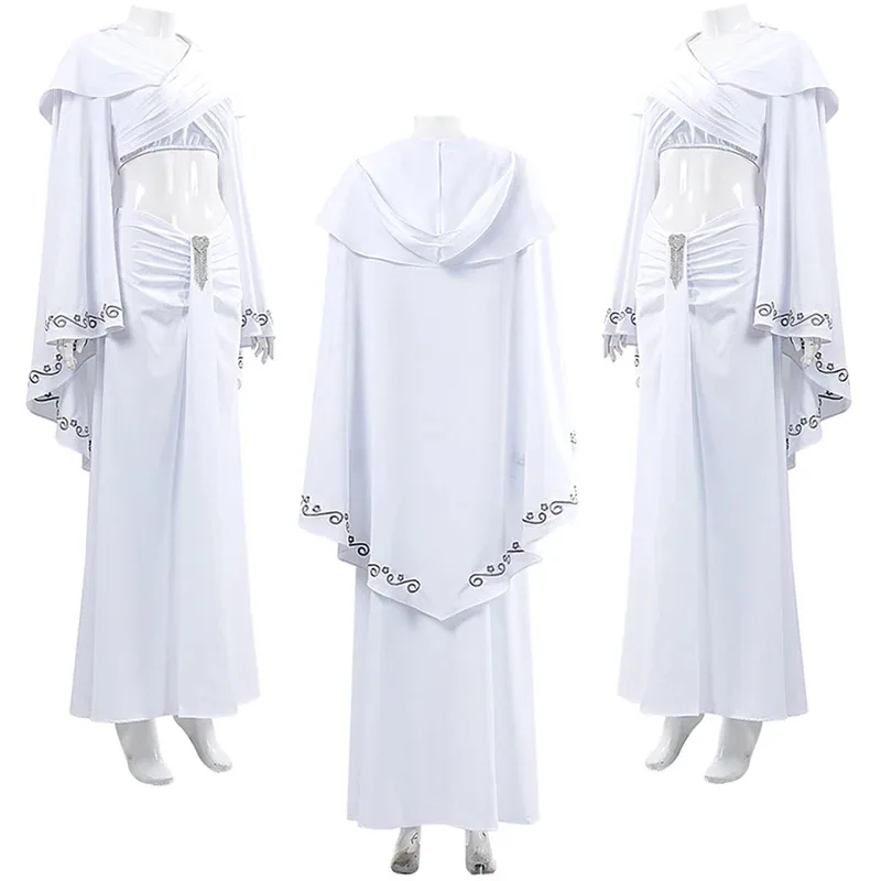 Padme Cosplay Amidala Abito bianco Costume Film Spazio Battaglia Travestimento Completo bianco Abiti Mantello con cappello Gonne Abiti di Halloween
