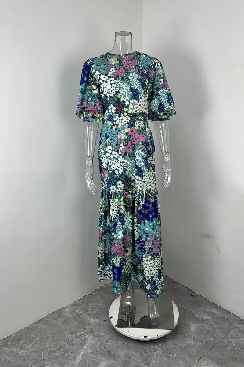 Veithche verão elegante feminino azul flor impressão vestido lanterna manga e tornozelo magro bodycon o pescoço estilo pastoral vestido de festa