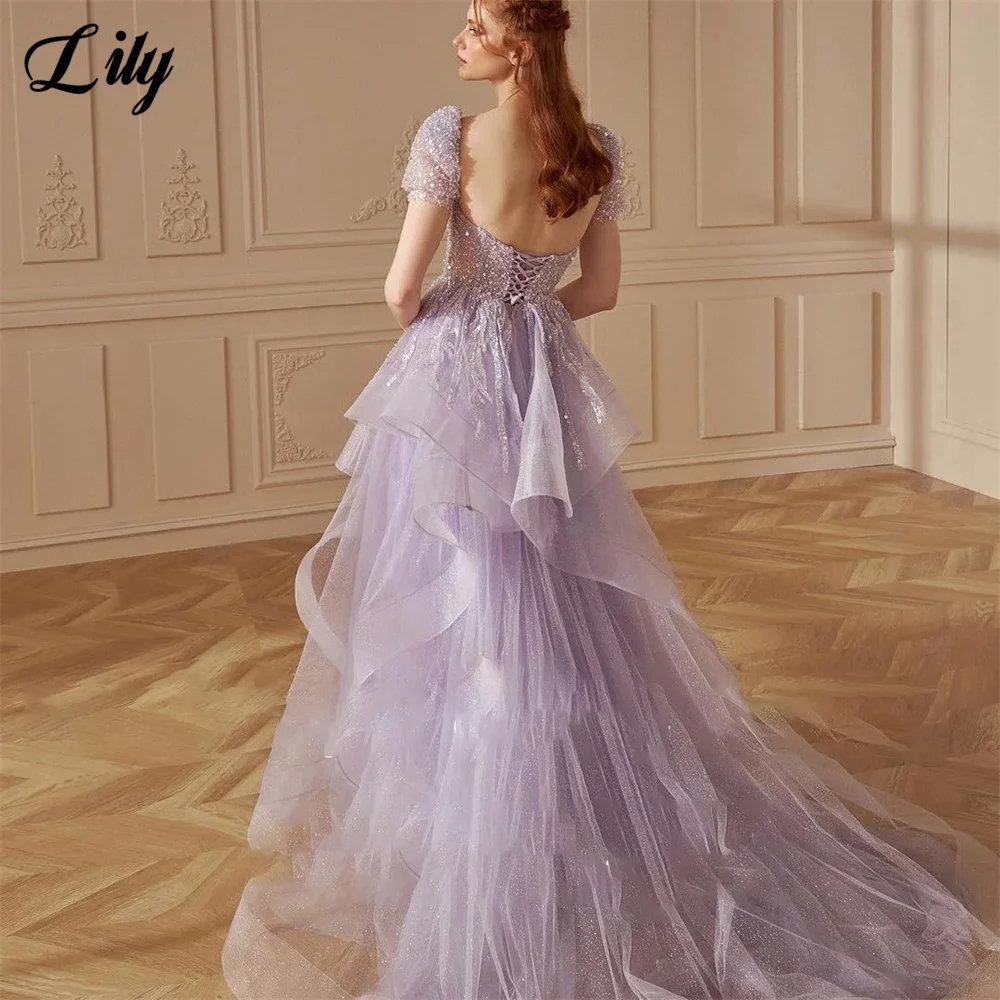 Lily Lilac Tulle Elegant Sexy Wedding Party Dress Sequined Party Dresses Short Sleeves Formal Occasion Dress robes du soir