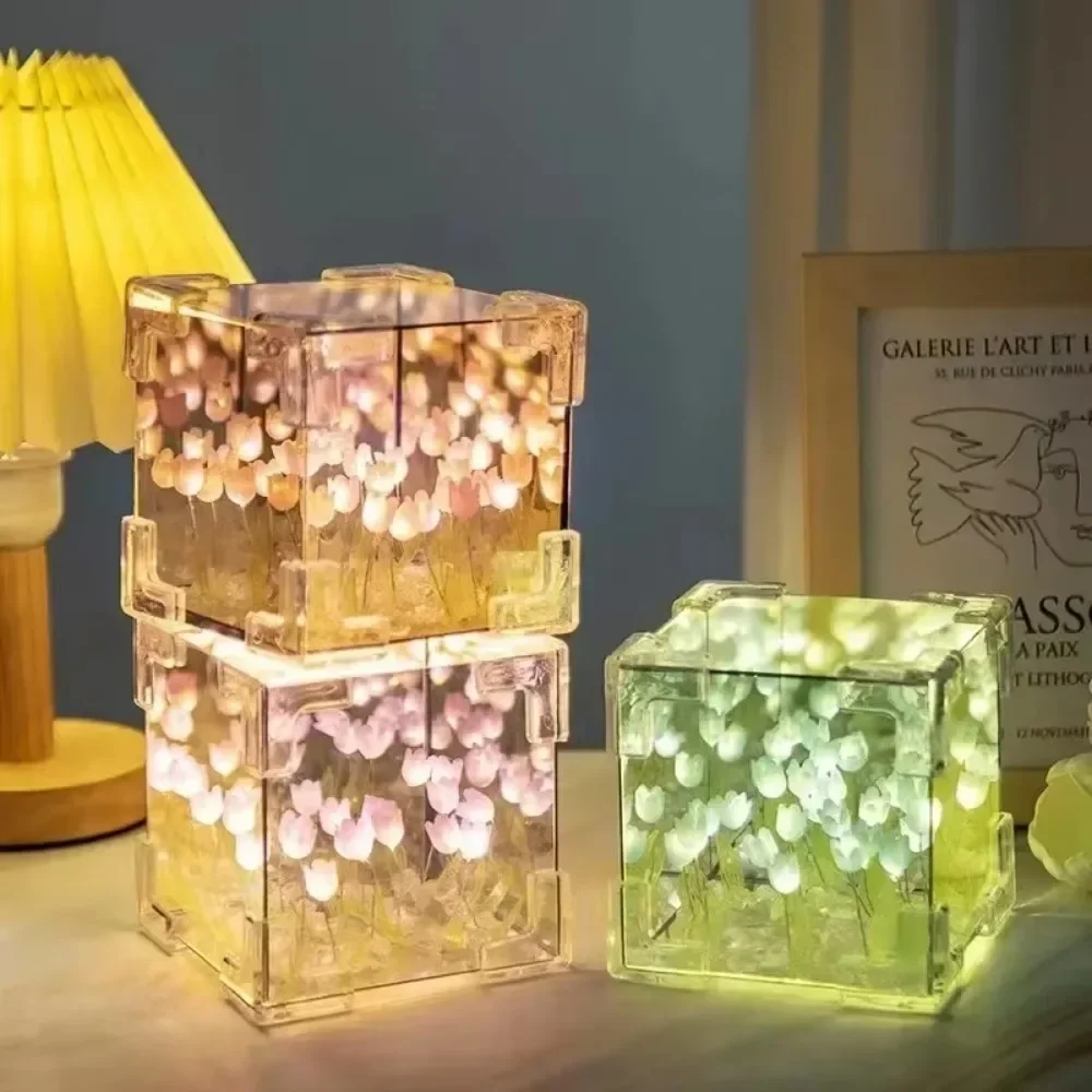 2025 DIy Creative Tulip Flower Sea Cube Three-Dimensional Small Night Lamp Material Package for Girlfriend Couple Girlfriends