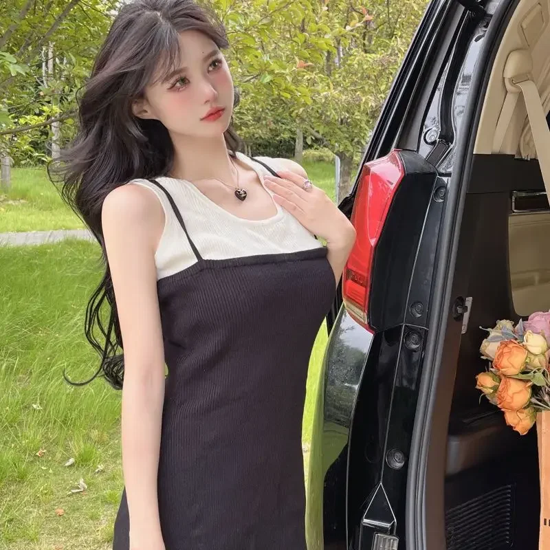 فساتين بدون أكمام للنساء مكونة من قطعتين منسوجة صيفية مثيرة صغيرة مرقعة تناسب كل مباراة على الطراز الكوري الحلو فساتين عصرية #4