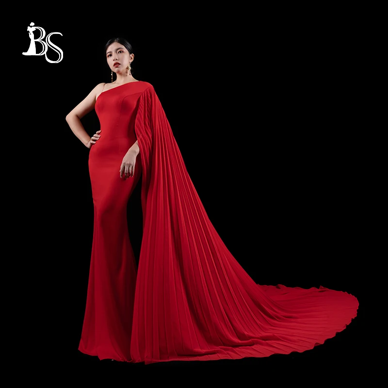 

Baisha Luxury Red Evening Dress One Shoulder Design Custom Host Costumes Mermaid Gown Long Skirt robes de soirée H1204