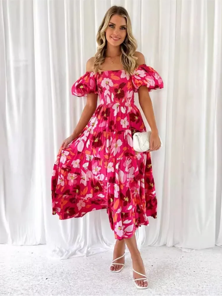 

Женская весенне-летняя мода, цельная пышная юбка с открытыми плечами и принтом, с объемными рукавами, платье до щиколотки для женщин