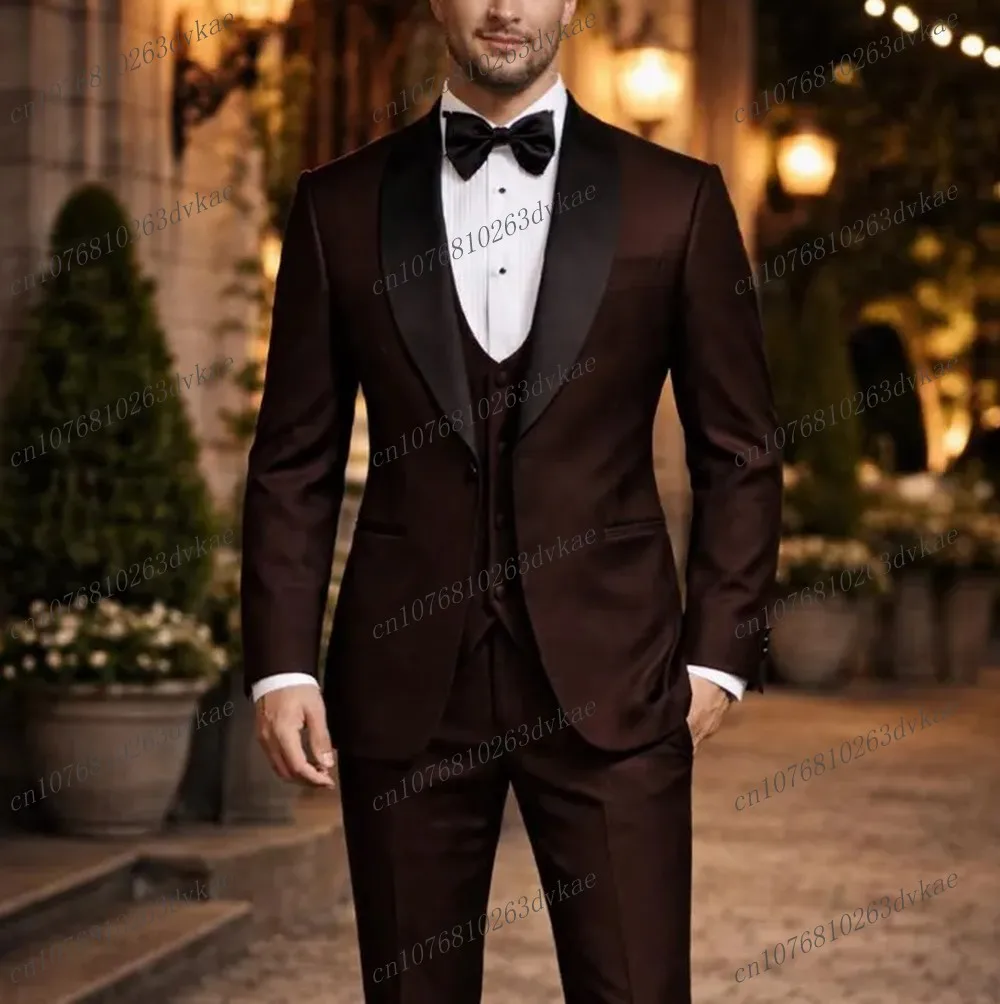 

Black And Dark Brown Men Suit Wedding Party Formal Groom Groomsman Prom Business Male Tuxedos 3 Piece Set Jacket Vest Pants