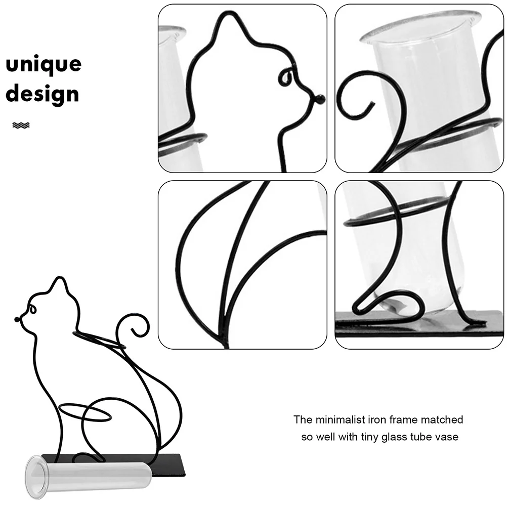 

1Set Small Cat Iron Art Flower Vase Transparent Glass Tube Nordic Style Hydroponic Flower Planter Minimalist Home Decor