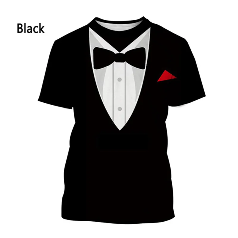 2024 Bow Tie 3D T-shirt Summer Men\'s T-shirt Tuxedo Retro Tie Suit Short-sleeved Street Funny Fake Suit Top Cosplay Clothes