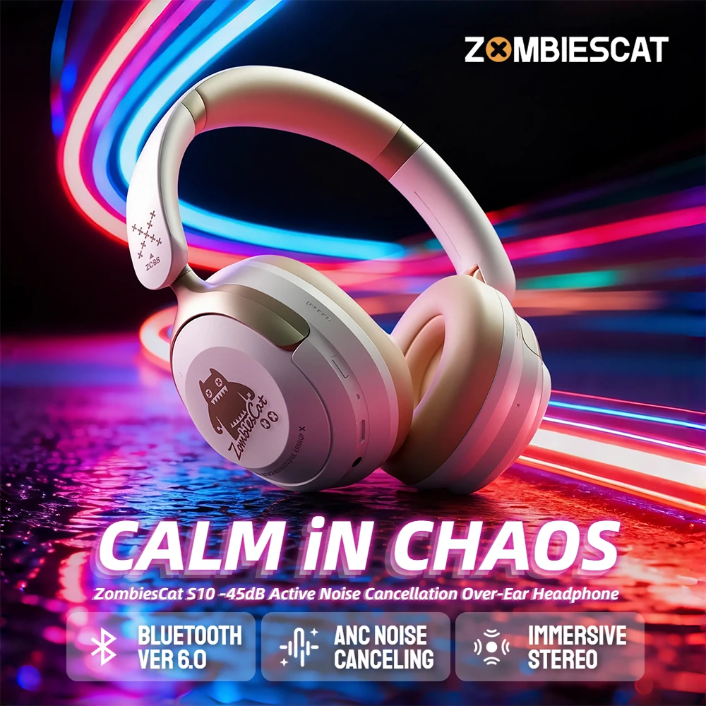 Zombies Cat S10 ANC Bluetooth 6.0 Over-Ear Headphones -45dB Active Noise Cancellation Headset HiFi Stereo Wire/Wireless Earphone
