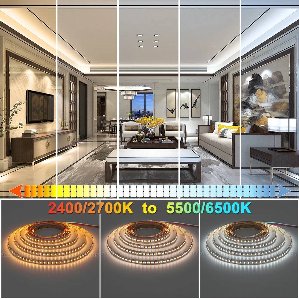 Low Power 2835 WWCW LED Strip Lights,240LEDs/m,IP20,CRI95/90,19.2W/m, CCT Color Temperature Adjustable LED,DC12/24V, Home Decors