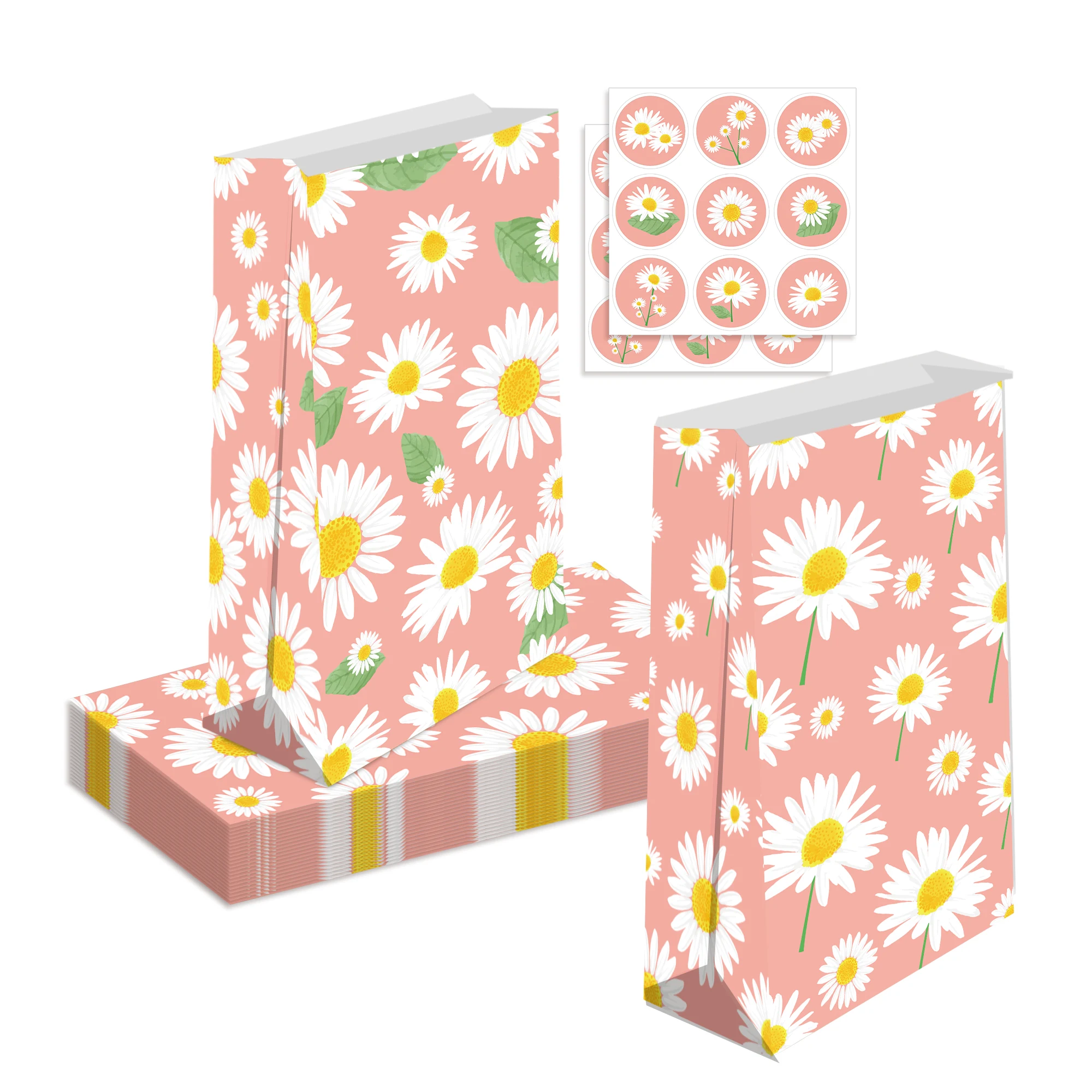 

LB181 12Pcs Sweet Flower Small Daisy Floral Theme Birthday Party Packing Kraft Paper Gift Bags with Stickers Set Candy Decors