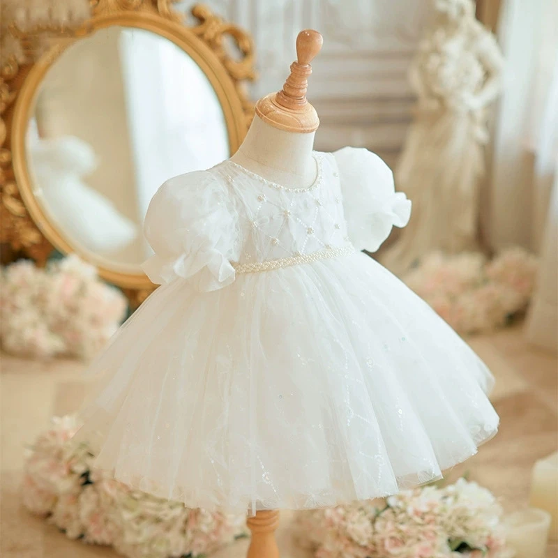 

Платье для маленьких девочек с бантом и пайетками, белое, для младенцев и малышей, нарядное, для свадьбы, вечеринки, дня рождения, детская одежда