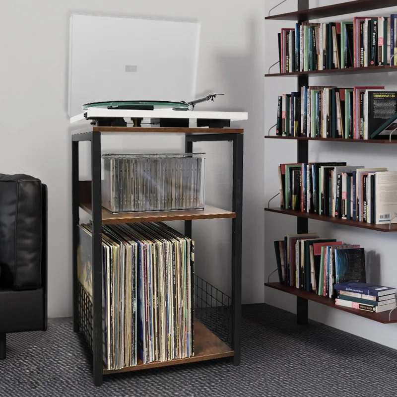 

Retro vinyl record player, stereo player, shelf, three-layer floor-to-ceiling shelf, record CD player, storage cabinet