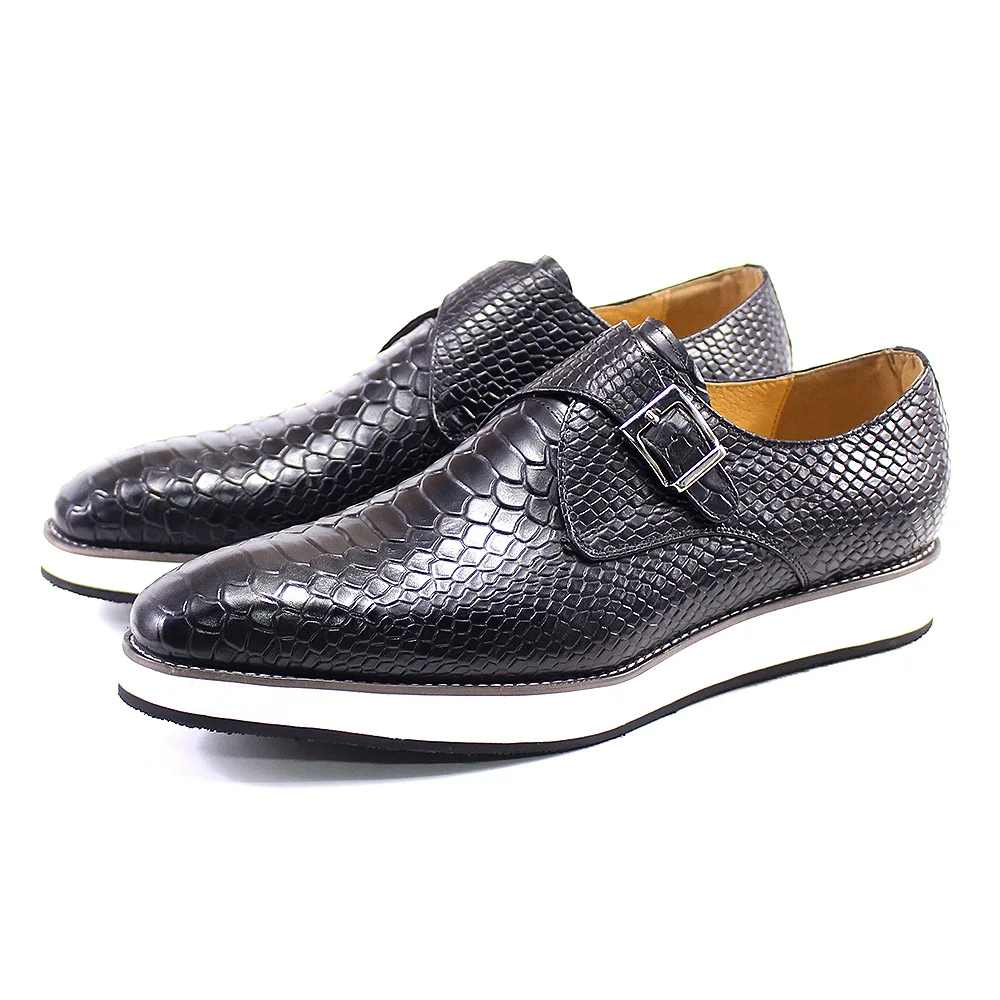 

Men's Casual Shoes Genuine Cow Leather Snake Print Original Fashion Single Buckle Monk Strap Sneakers Flat Office Footwear Male