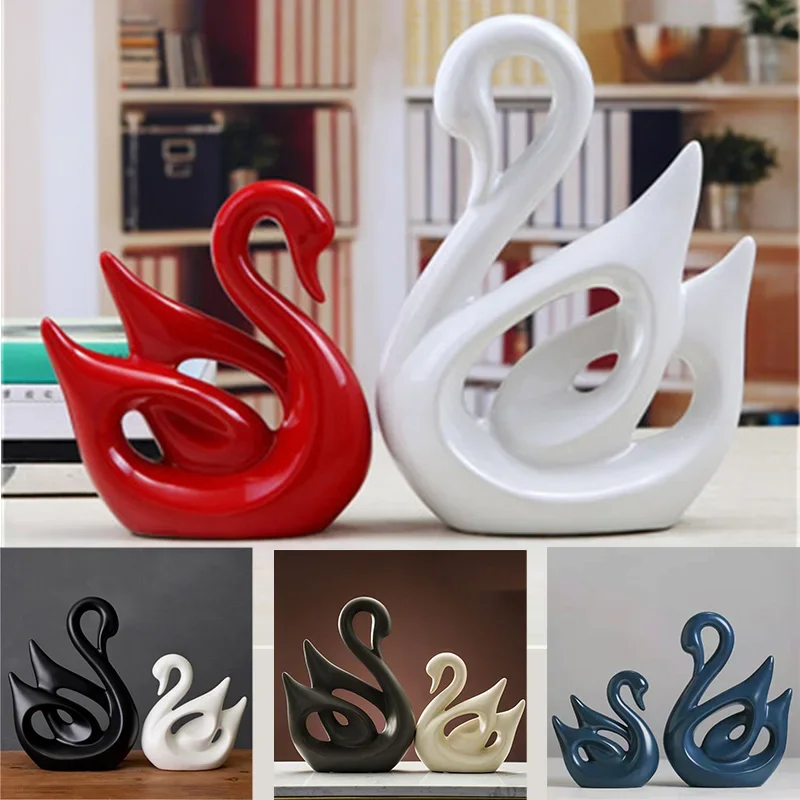 Nordic Ceramic Swans Couple White Black Red Decoration Animal Shape Porcelain Swans Ornaments Home Wine Cabinet Crafts