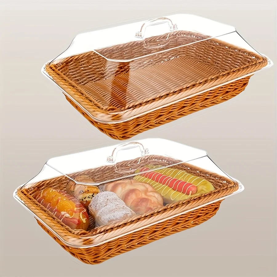 سلة خبز الروطان المعاصرة مع غطاء قبة أكريليك، صينية تقديم خوص متعددة الأغراض، متينة وقابلة للغسل، للحلويات والفواكه #6