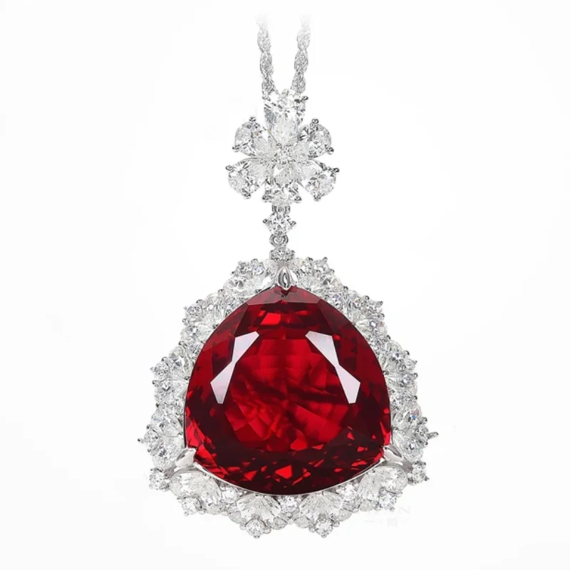 Bellux Pendant Chain 925 Silver Synthetic Zircon Design Fine Jewelry Light Luxury Red Triangle Ruby Fashion Necklace