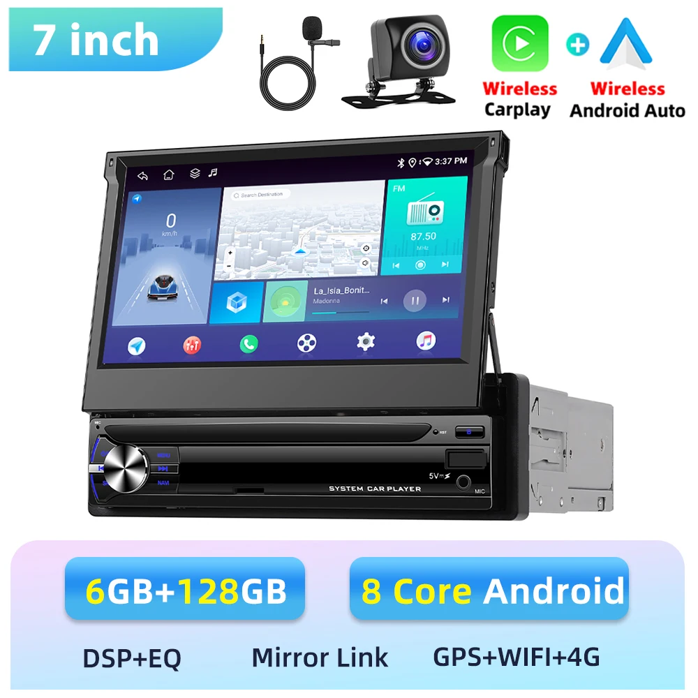 Podofo 1 Din Carplay 6+128G Intelligent Autosysteem Draadloos Android Auto Carplay 7'' Auto Multimedia Speler GPS Wifi 4G BT USB