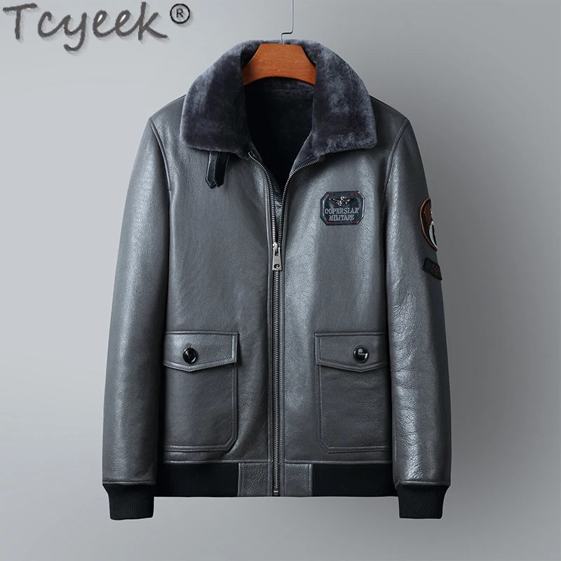 Tcyeek Winter Genuine Leather Jacket Men Clothes Casual Mens Real Fur Coats Streetwear Fashion Black Natural Sheepskin Wool Coat