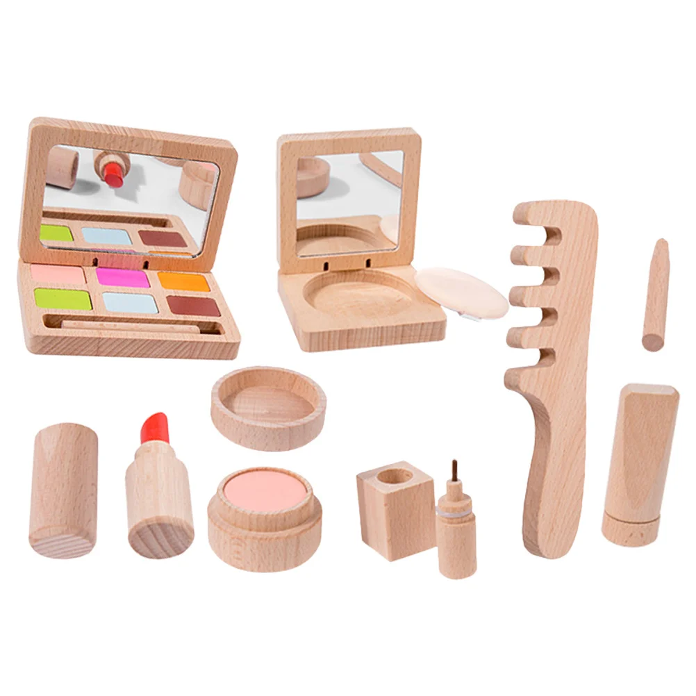Fingir brinquedos de maquiagem para crianças meninas 1 conjunto kit de beleza de madeira conjunto de cosméticos das crianças presente de aniversário brinquedo de aprendizagem