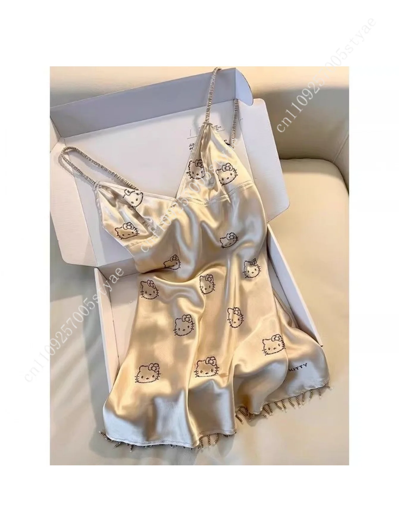 Hello Kitty Champagne Satin Slip Nightgown for Women Cute Print Fringed Hem Sexy Sleep Dress Soft Loungewear for Nightwear view 4