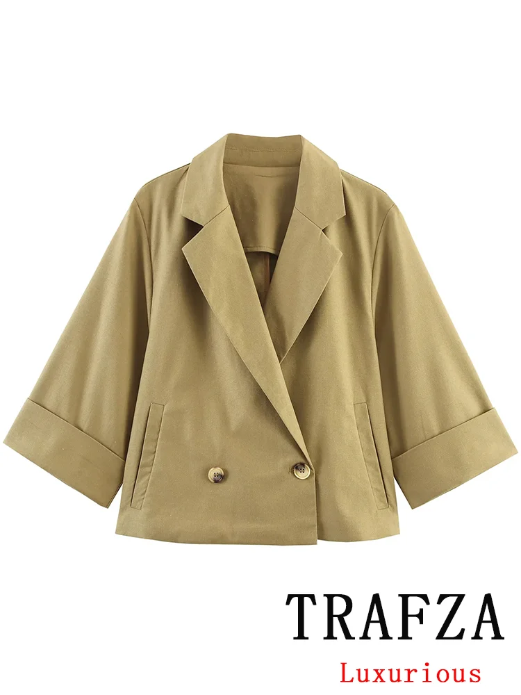 

TRAFZA Office Lady Casual Chic Women Blazer Solid Long Sleeve Double Breasted Short Blazer New Fashion 2025 Autumn Jackets