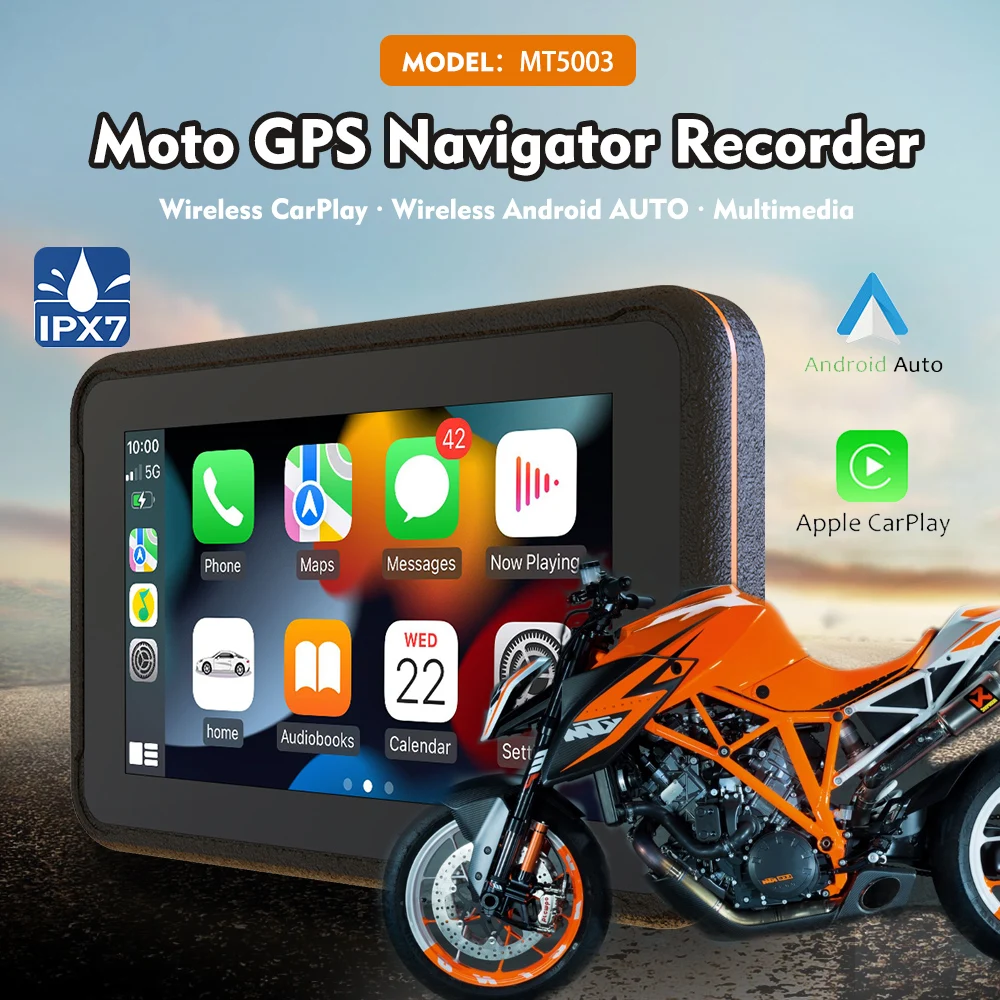 Dual 1080p HD Cameras Motor DVR 5 Inch Motorcycle Wireless Carplay And Android Auto Waterproof   Screen