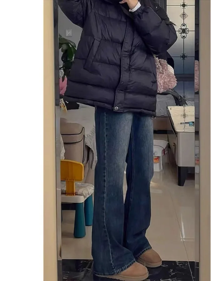 

Джинсы прямого кроя с высокой талией и широкими штанинами, женские модные синие расклешенные брюки в стиле ретро, осень-зима, свободные утягивающие длинные брюки