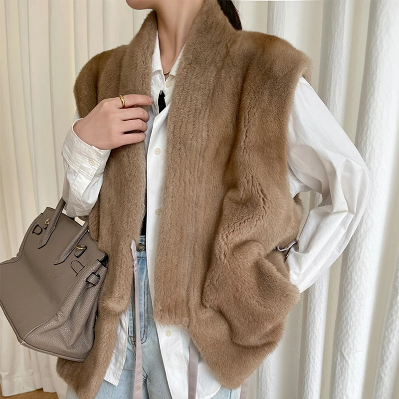 Natural Mink Fur Vest Female High Quality Full Pelt Fur Coats V-Neck Lace-Up Velvet Whole Mink Winter Fashion Warm Chaleco Mujer