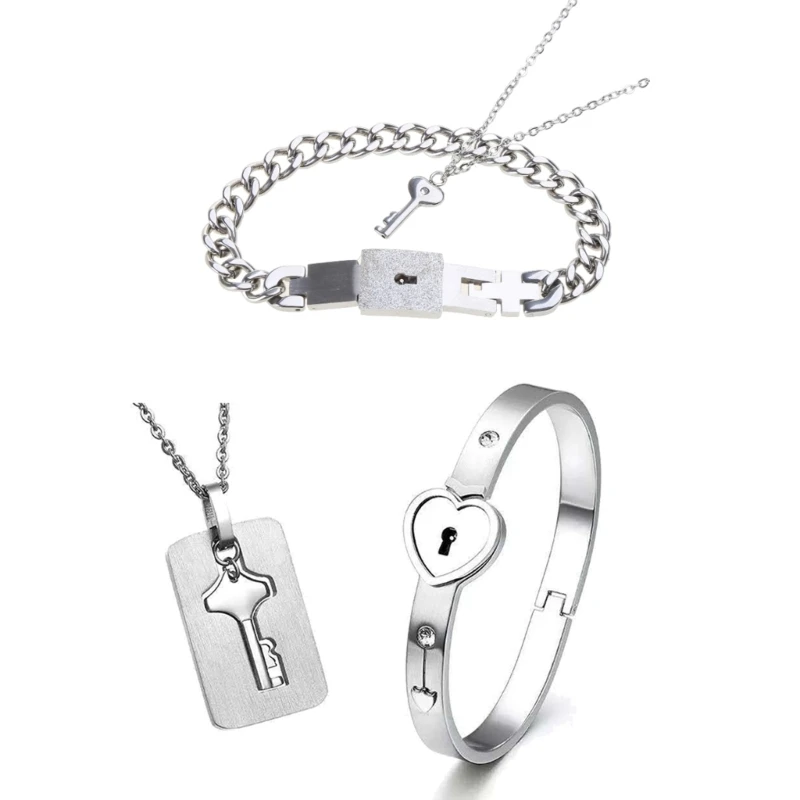 2x Novelty for Titanium Steel Love Heart Lock Bangle Bracelet & for Key Pendant Necklace Set Gifts for Lover Friendship