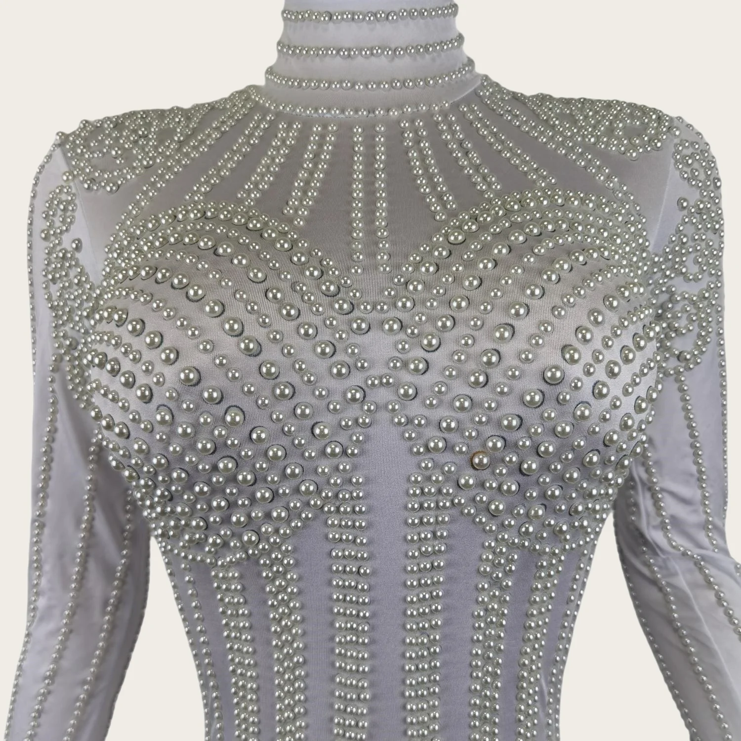 

Pure White Full Pearls Spandex Elastic Tight Fitting Jumpsuit Celebrate Party High-end Outfit Night Out Sexy Women Wear Baigua