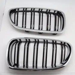 Silver + Black Dual Fin Front Grille Grill Hood Nose For BMW F10 F11 5 2010-2015