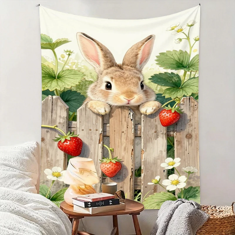 1PC Rabbit Strawberry Art Print Backdrop Banner, Bedroom Living Room Photo Background, Polyester, Home Decor, Wall Art