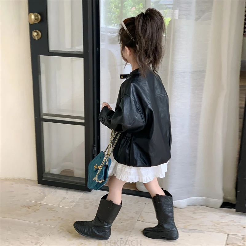 موجز نمط طفلة عادية سترة جلدية سوداء مع سحاب أطفال الأطفال بلون الخريف بولي معطف معطف جلد 2 3 4 5 6 7 8 9 Y