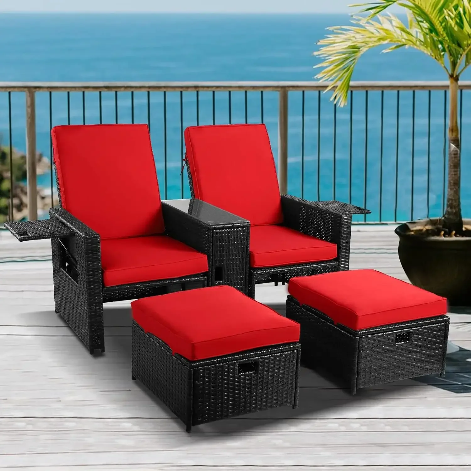 5pcs Patio Wicker Loveseat - Outdoor Rattan Sofa Set with Cushion-Adjustable Lounge Chair with Ottoman Footrest,Wicker Furniture