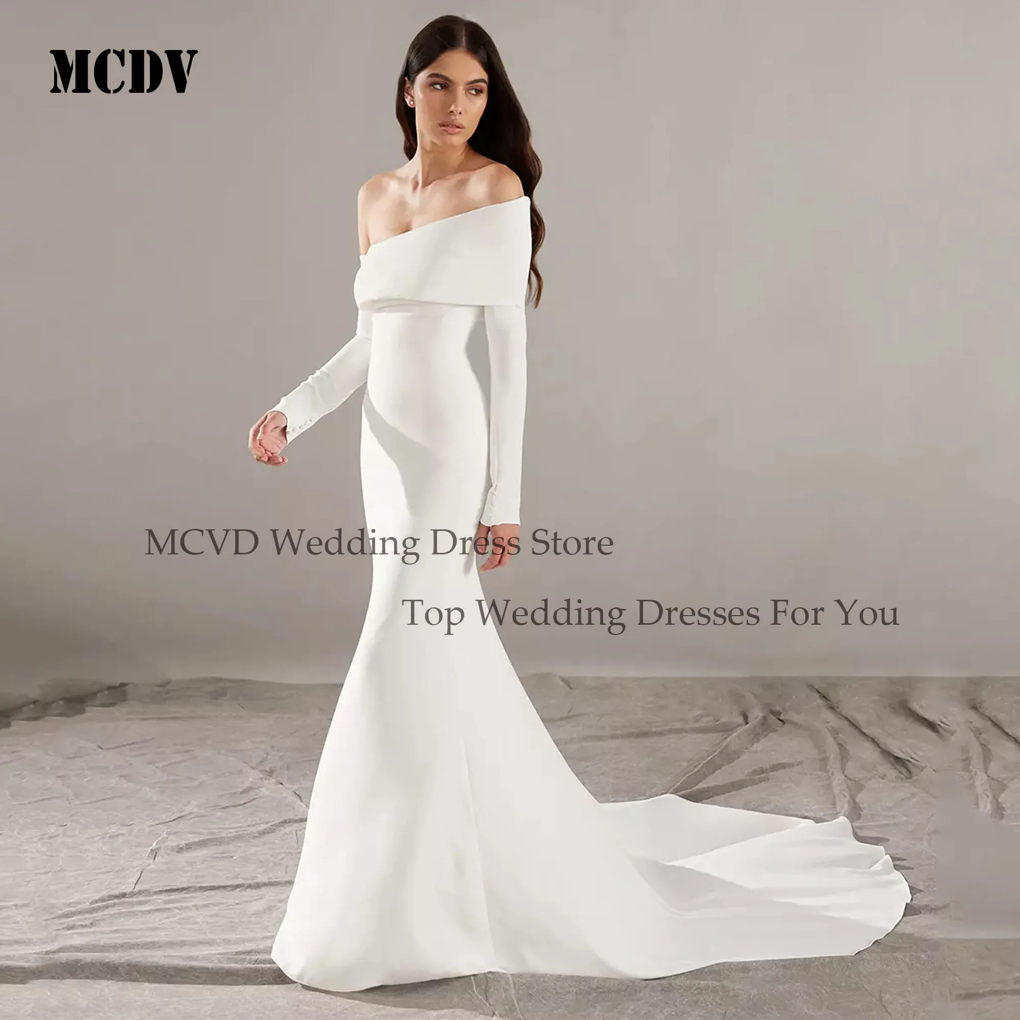 MCDV Eine Schulter Satin Braut Kleider Abnehmbare Ärmel V-ausschnitt Hochzeit Party Kleider Meerjungfrau Angepasst Elegante vestidos de novia