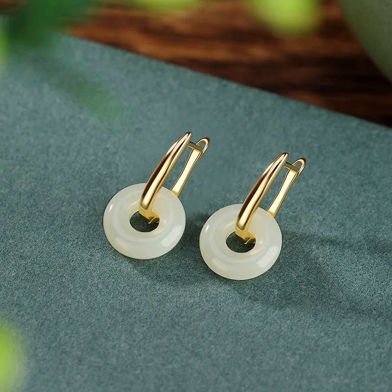 

S925 Sterling Gold-Plated Hetian Jade Peace Earrings Silver Jewelry