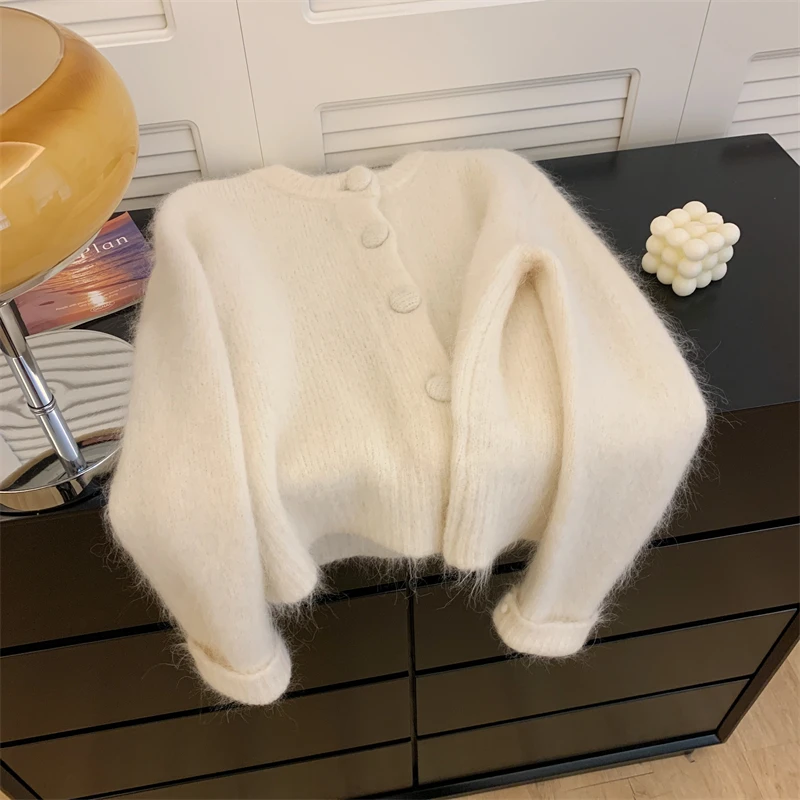 Chic Fashion 2024 Autumn Winter Soft Mohair Knitted White Loose Sweater Cardigan For Women Single Breasted O Neck Warm Lazy Tops