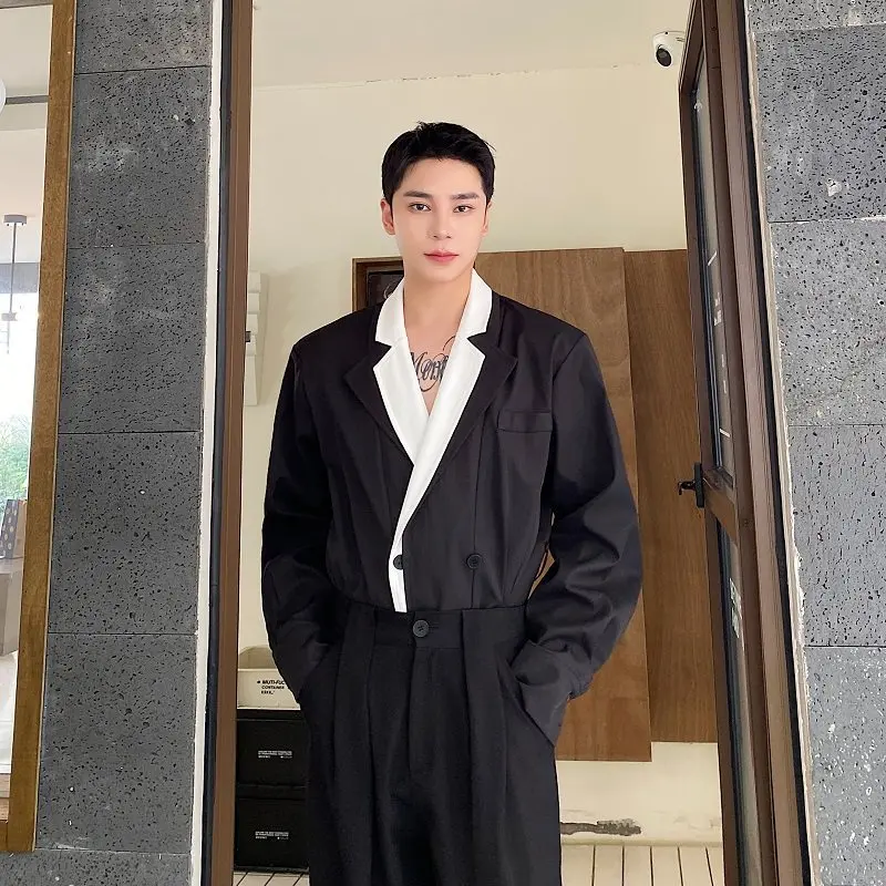 WTHT Fashion Men's Spliced Contrast Color Fake Two-pieve Blazer Coat Trendy Lapel Double Breasted Jacket Male 2026 Summer 2A2908