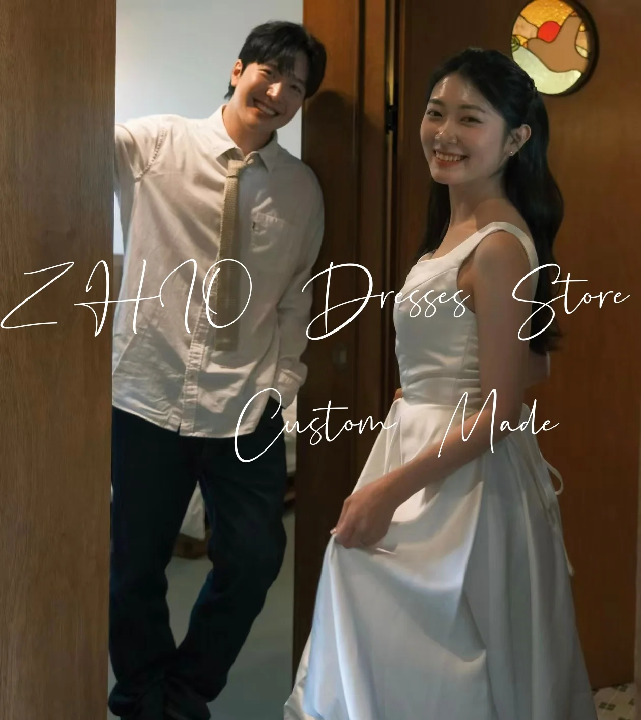 Zhi vestido de festa de casamento simples, alto e baixo, alças espaguete, cetim marfim, sessão de fotos coreana, vestido de recepção de noiva personalizado