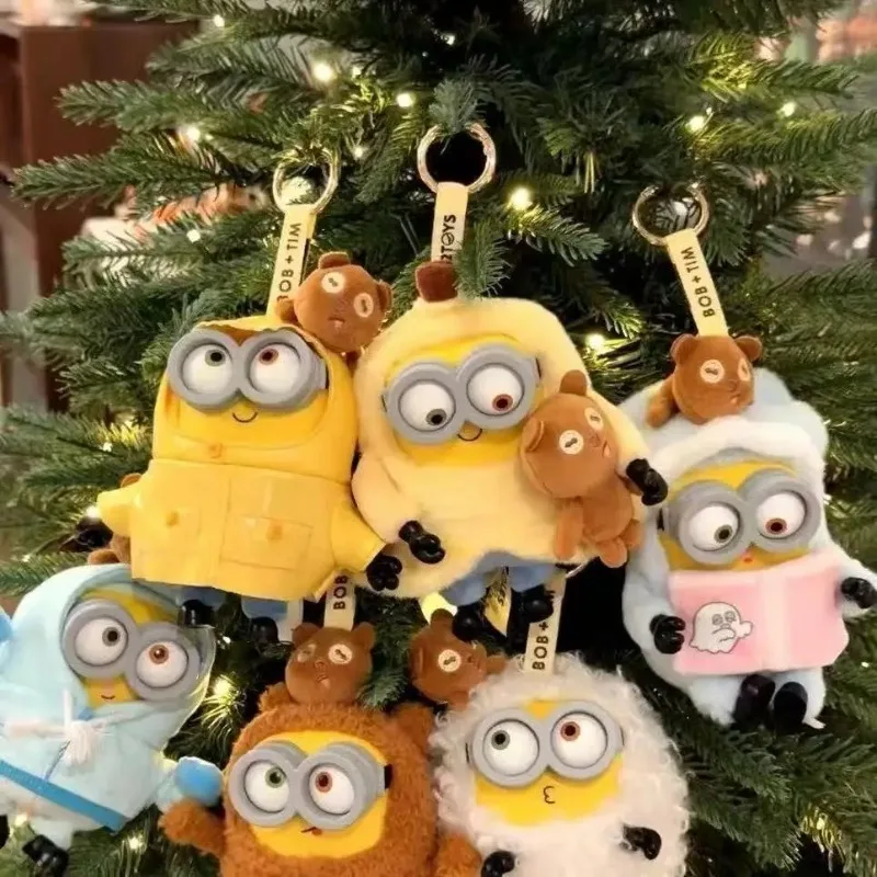 Cute Minions Keychain with Tiny Tim Bear, Soft Fluffy Minion Stuffed Doll Pendant, Cartoon Backpack Charm Gift for Kids Fans view 2
