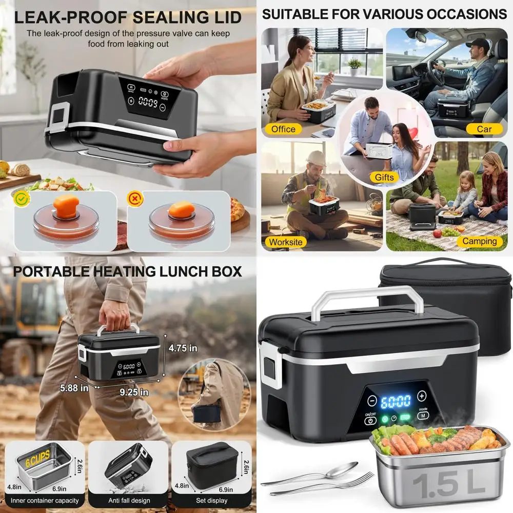 

Портативный электрический ланч-бокс для взрослых, 1,5 л, перезаряжаемый, расложенный нагрев, изолированная сумка в комплекте