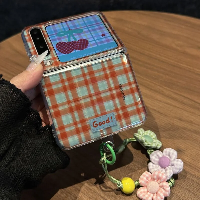 Cute Red Plaid Clear Phone Case For Samsung Galaxy Z Flip7 6 5 4 3/ Xiaomi Mix Flip Cover with Bead Hand Chain Shockproof Cover