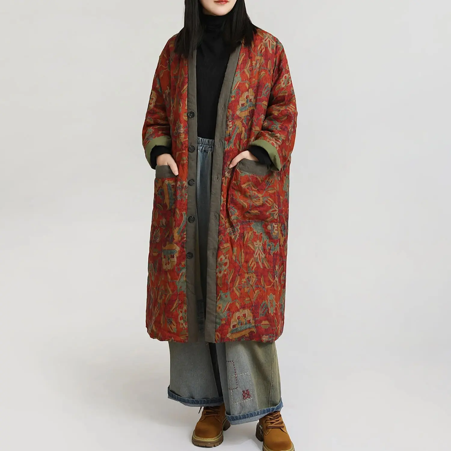 

LZJN Ethnic-Style Printed Padded Coat Mid-Length ,Loose-Fit, Warm & Comfortable Vintage-Inspired Winter Quilted Fashion Jacket