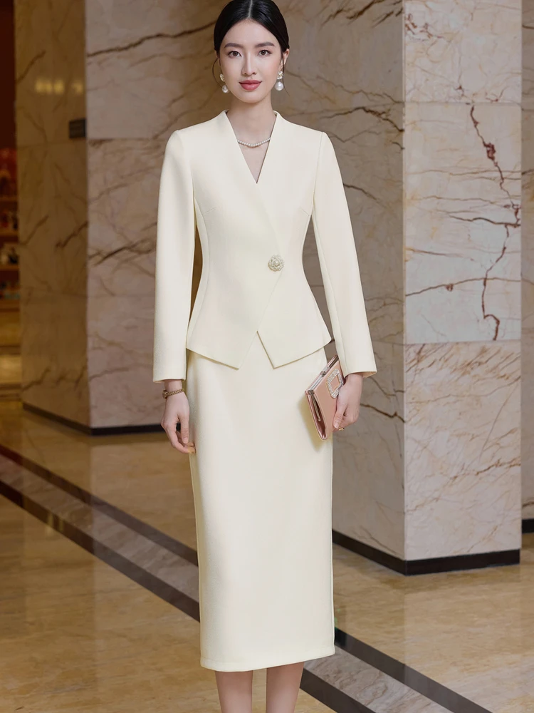 بدلة نسائية بيضاء بأكمام طويلة من NAVIU طقم مكتب سيدة أنيقة لمقابلة الأعمال وملابس العمل تنورة مكونة من قطعتين