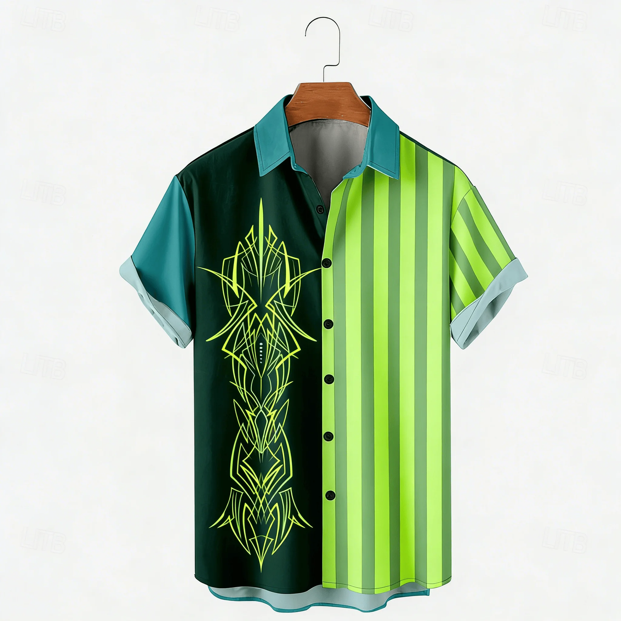 

Men's Split Design Tribal Line Art & Stripe Print Short Sleeve Shirt, Two Tone Green Color Block Button Down for Spring Summer