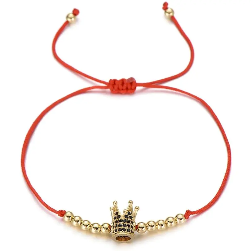 AAA Cubic Zirconia Crystal Queen Crown Copper Beaded Charm Bracelet Women Red String Black Rope Handmade Adjustable Jewelry