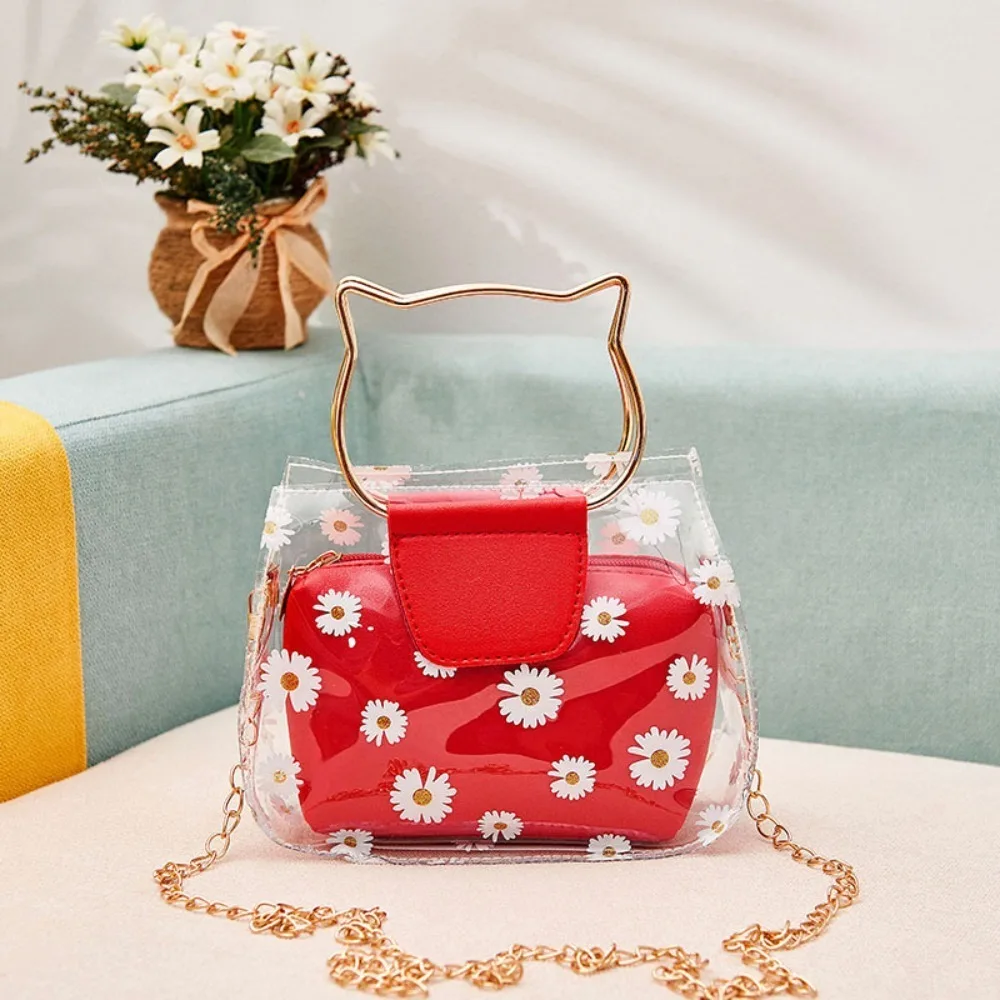 Bolsa de Ombro PVC Transparente para Meninas, Prático Gato Forma Handle Bolsas, Metal Handle, Impressão Daisy, Mini Crossbody Bags